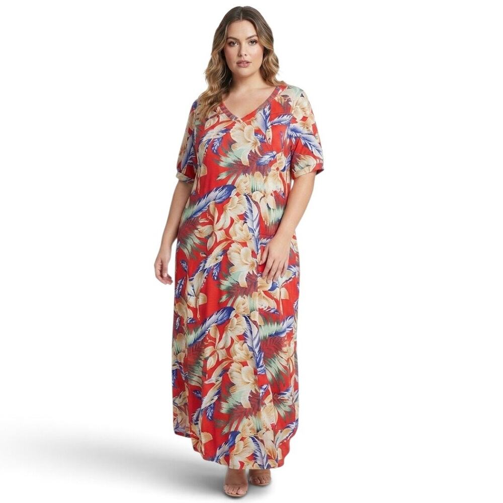 Maxi Tropical Floral Summer Dress V Neckline Flowy Summer Colorful Plus Size 2X